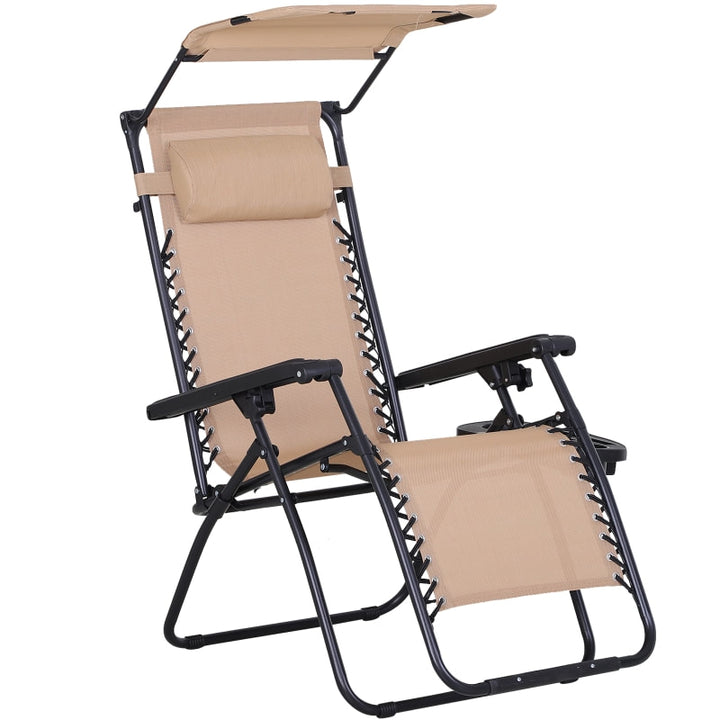 2pc Zero Gravity Folding Lounge Chair Reclining Deck Seat w Cup Holder, Canopy Sun Shade, Beige