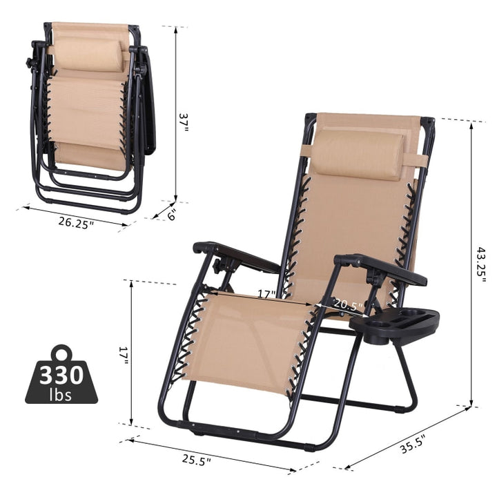 2pc Zero Gravity Folding Lounge Chair Reclining Deck Seat w Cup Holder, Canopy Sun Shade, Beige