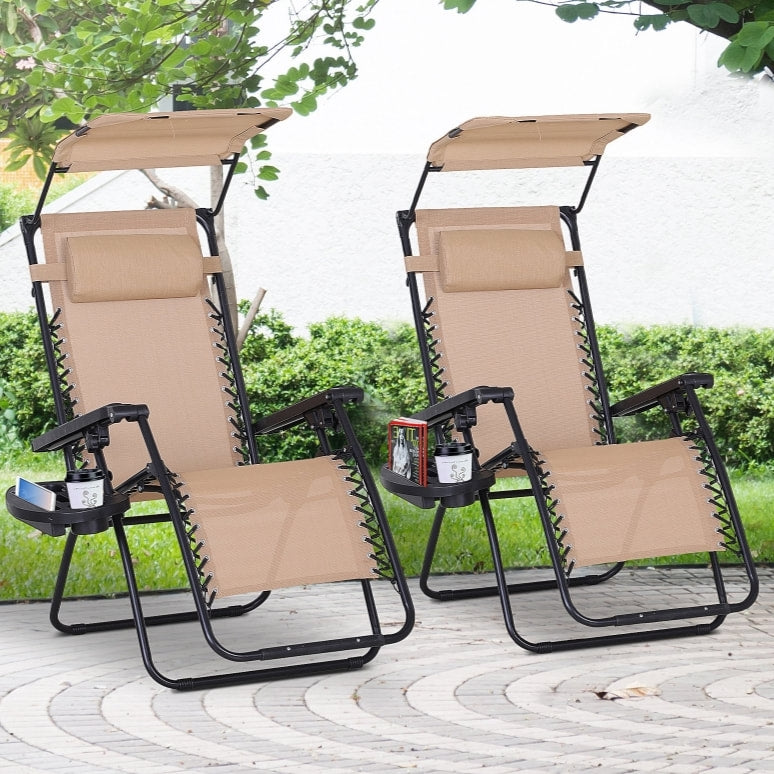 2pc Zero Gravity Folding Lounge Chair Reclining Deck Seat w Cup Holder, Canopy Sun Shade, Beige
