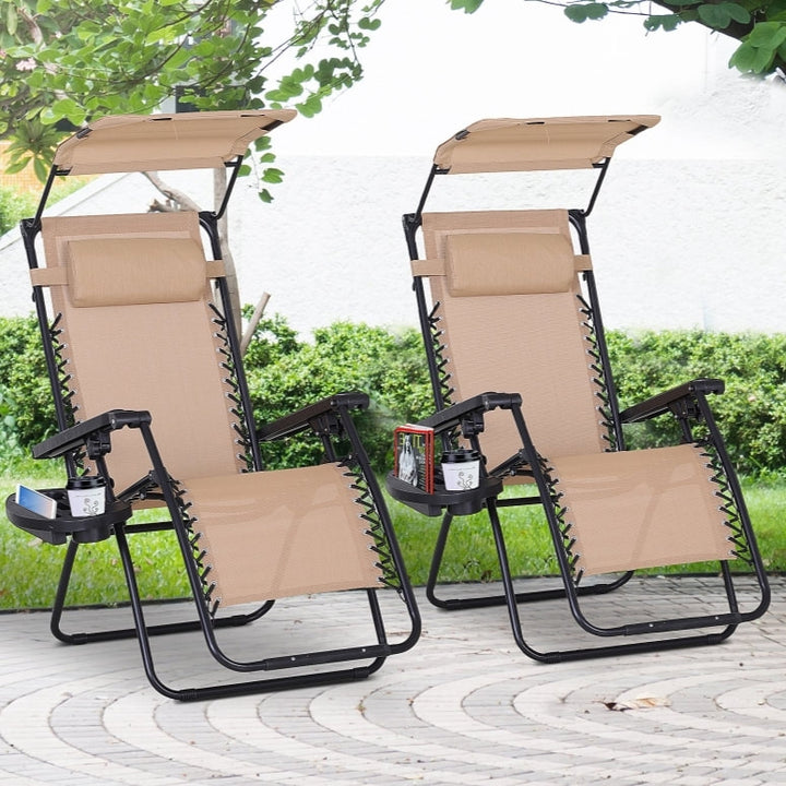 2pc Zero Gravity Folding Lounge Chair Reclining Deck Seat w Cup Holder, Canopy Sun Shade, Beige