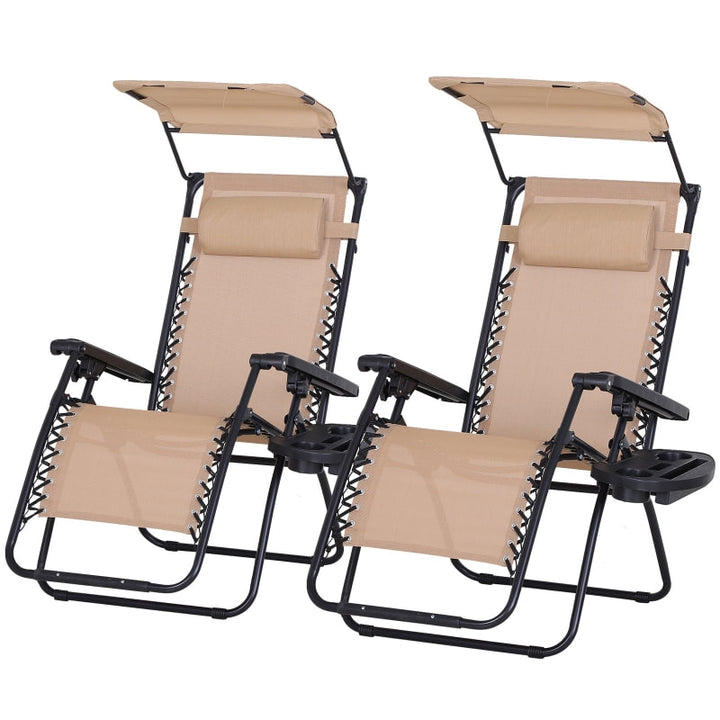 2pc Zero Gravity Folding Lounge Chair Reclining Deck Seat w Cup Holder, Canopy Sun Shade, Beige