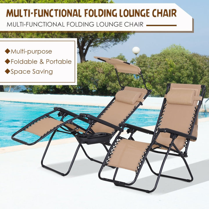 2pc Zero Gravity Folding Lounge Chair Reclining Deck Seat w Cup Holder, Canopy Sun Shade, Beige