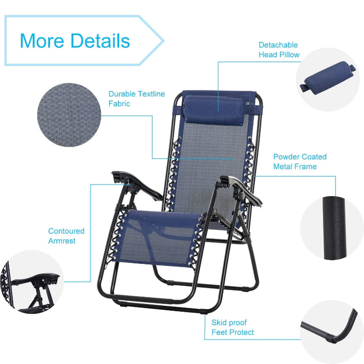 3pc Zero Gravity Folding Lounge Chair Reclining Patio Seats w/ Cup Holder Table, Headrest, Blue