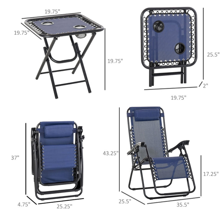 3pc Zero Gravity Folding Lounge Chair Reclining Patio Seats w/ Cup Holder Table, Headrest, Blue