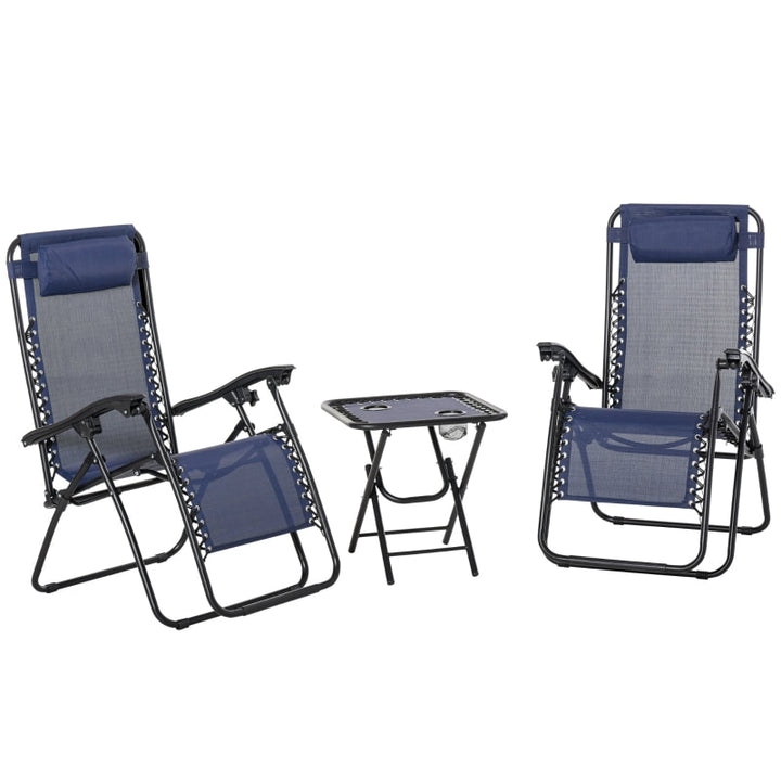 3pc Zero Gravity Folding Lounge Chair Reclining Patio Seats w/ Cup Holder Table, Headrest, Blue
