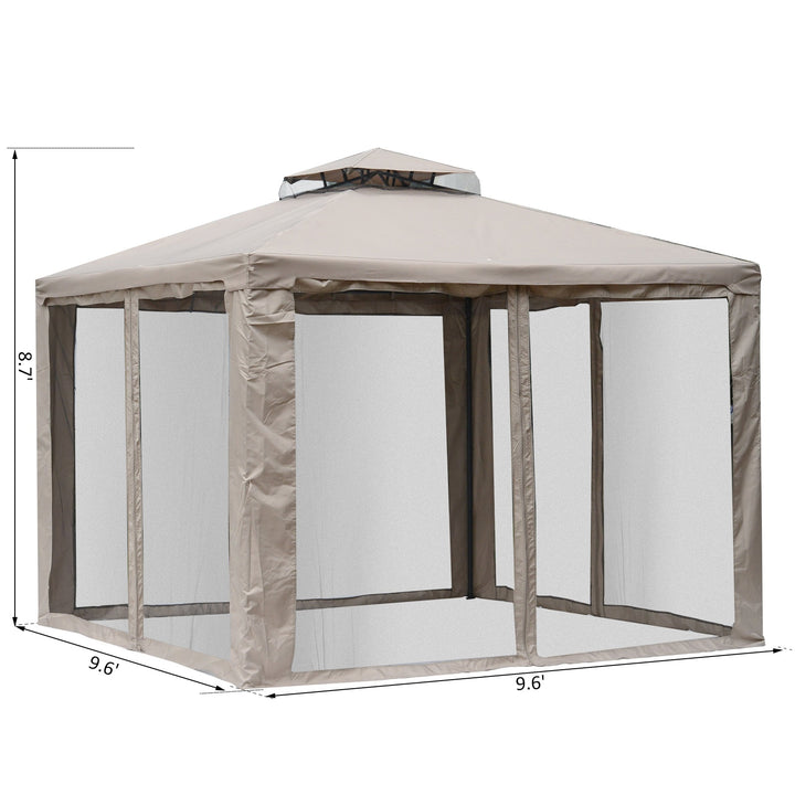 10' x 10' Steel Gazebo Canopy Outdoor Patio Tent Shelter w Tiered Roof, Mosquito Net, Taupe