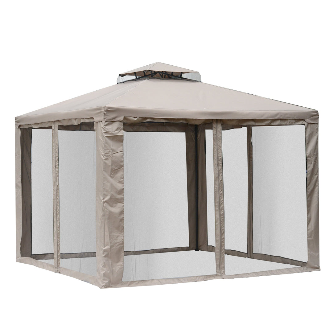 10' x 10' Steel Gazebo Canopy Outdoor Patio Tent Shelter w Tiered Roof, Mosquito Net, Taupe