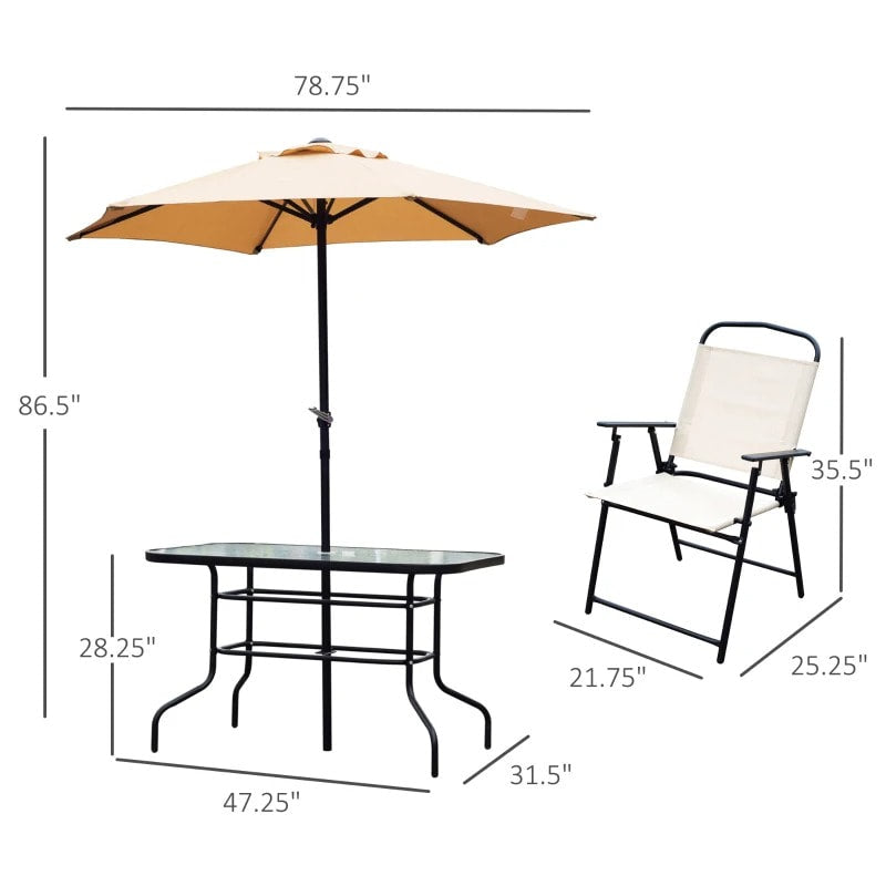 8pc Outdoor Dining Glass Table Set, 6 Folding Lawn Chairs, 7.5' Tilting Patio Umbrella, Beige