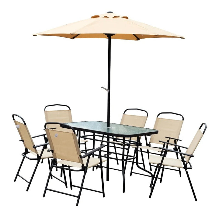 8pc Outdoor Dining Glass Table Set, 6 Folding Lawn Chairs, 7.5' Tilting Patio Umbrella, Beige