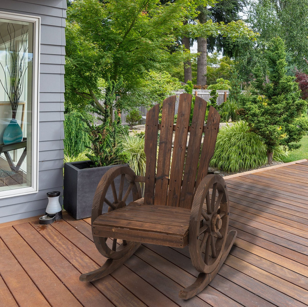 Rustic Wagonwheel Style Indoor / Outdoor Rocking Chair for Patio Backyard Garden Deck - Brown