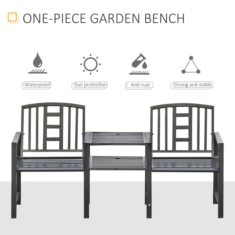 Steel Metal Outdoor 2-Seater Bench w Center Table, Umbrella Hole for Patio Deck Garden, Black
