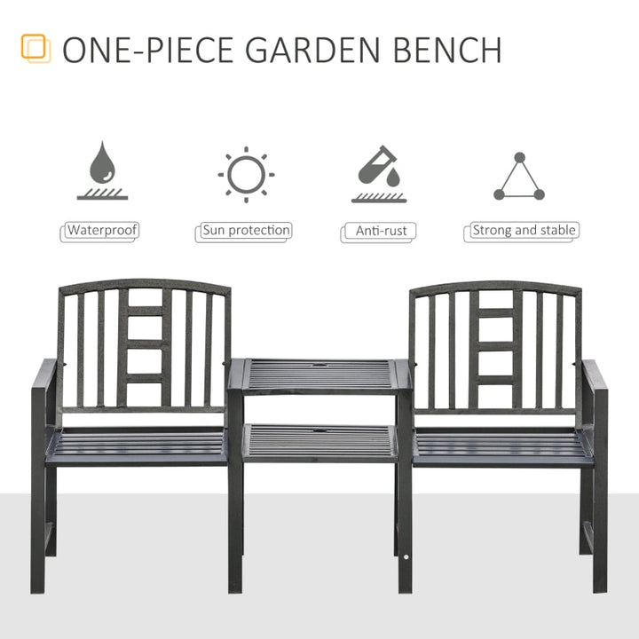 Steel Metal Outdoor 2-Seater Bench w Center Table, Umbrella Hole for Patio Deck Garden, Black
