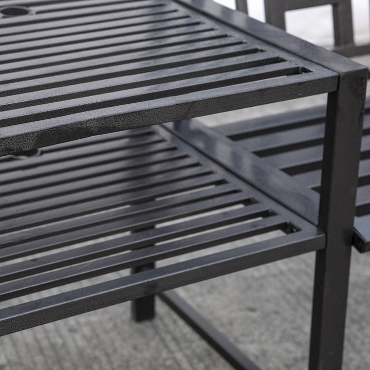 Steel Metal Outdoor 2-Seater Bench w Center Table, Umbrella Hole for Patio Deck Garden, Black
