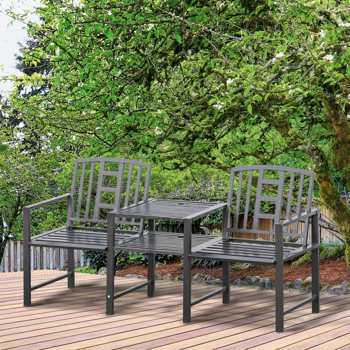 Steel Metal Outdoor 2-Seater Bench w Center Table, Umbrella Hole for Patio Deck Garden, Black