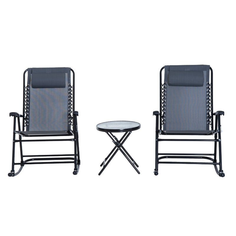 3pc Foldable Outdoor Rocking Mesh Bistro Set for Patio Tanning Beach Pool Deck Garden - Black
