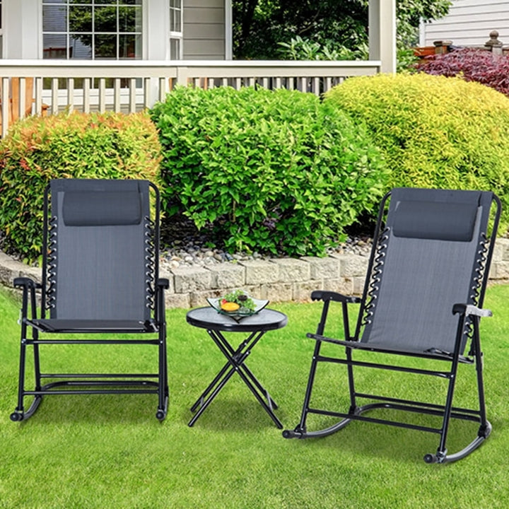 3pc Foldable Outdoor Rocking Mesh Bistro Set for Patio Tanning Beach Pool Deck Garden - Black