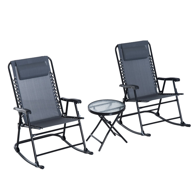 3pc Foldable Outdoor Rocking Mesh Bistro Set for Patio Tanning Beach Pool Deck Garden - Black