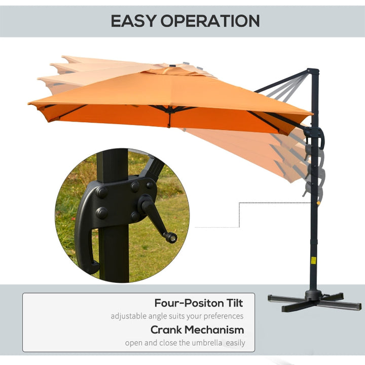 10ft Square Rotating Tilt Offset Cantilever Umbrella Patio Deck Parasol w Cross Base, Orange