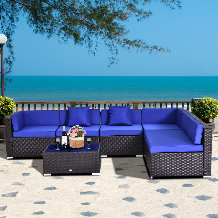 7pc PE Rattan Wicker Sectional Conversation Furniture Set w/ Cushions for Outdoor Patio - Blue