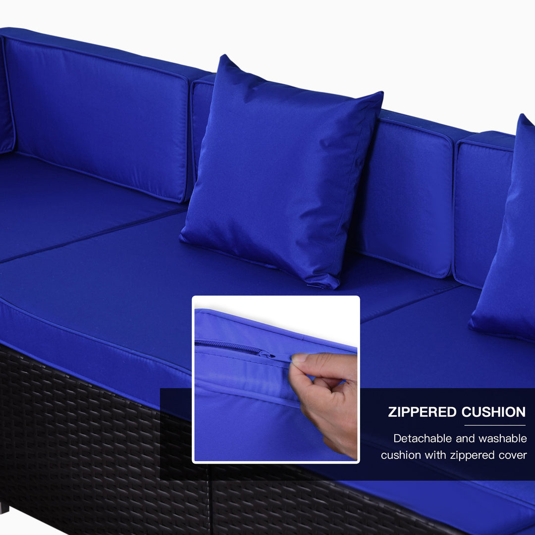7pc PE Rattan Wicker Sectional Conversation Furniture Set w/ Cushions for Outdoor Patio - Blue