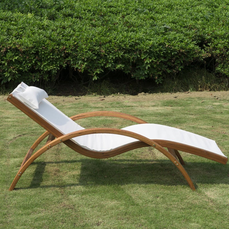Chaise Reclining Sun Lounger Chair w Headrest, Outdoor Patio Deck Garden, Cream White & Wood