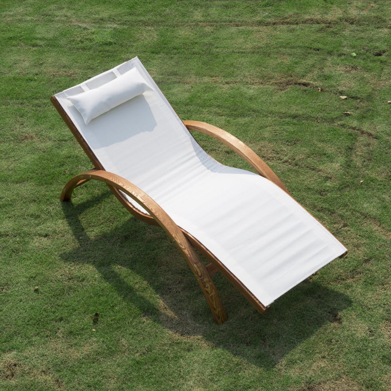 Chaise Reclining Sun Lounger Chair w Headrest, Outdoor Patio Deck Garden, Cream White & Wood