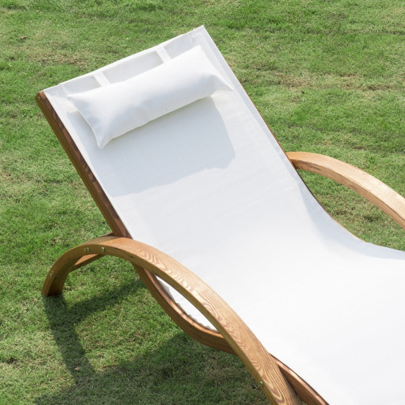 Chaise Reclining Sun Lounger Chair w Headrest, Outdoor Patio Deck Garden, Cream White & Wood