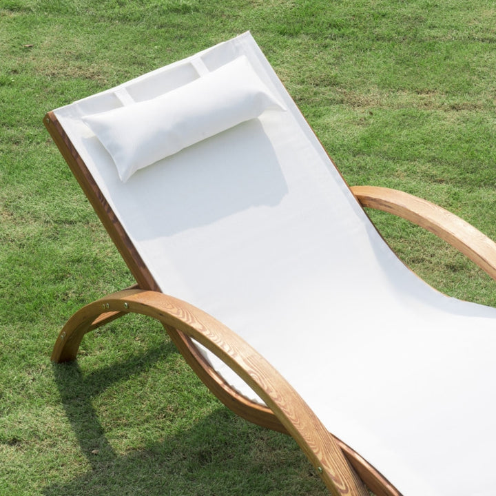 Chaise Reclining Sun Lounger Chair w Headrest, Outdoor Patio Deck Garden, Cream White & Wood