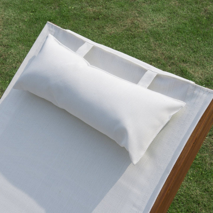 Chaise Reclining Sun Lounger Chair w Headrest, Outdoor Patio Deck Garden, Cream White & Wood