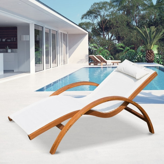 Chaise Reclining Sun Lounger Chair w Headrest, Outdoor Patio Deck Garden, Cream White & Wood
