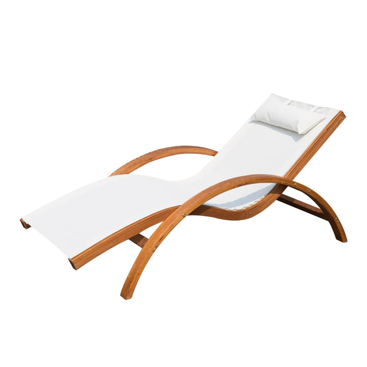 Chaise Reclining Sun Lounger Chair w Headrest, Outdoor Patio Deck Garden, Cream White & Wood