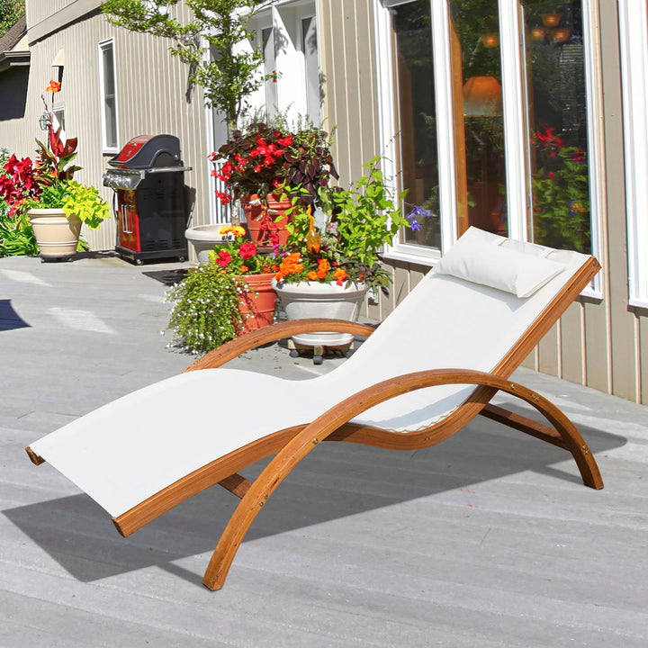 Chaise Reclining Sun Lounger Chair w Headrest, Outdoor Patio Deck Garden, Cream White & Wood