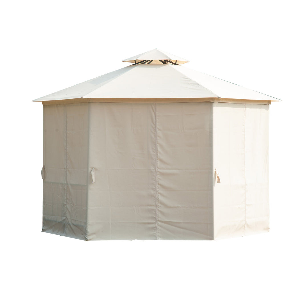13' Hexagonal Gazebo Canopy Shelter w Tiered Fabric Roof, Rails, Curtains, Netting, Black Beige