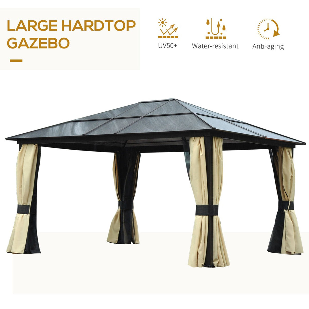 14’ x 12’ Aluminum PC Hardtop Gazebo Canopy Shelter w/ Curtains, Mosquito Netting, Brown, Beige