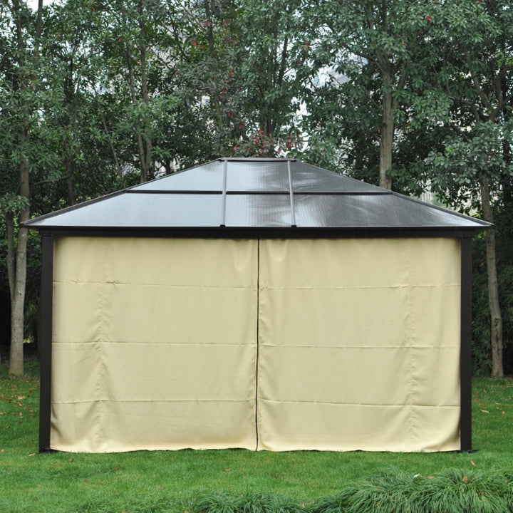 14’ x 12’ Aluminum PC Hardtop Gazebo Canopy Shelter w/ Curtains, Mosquito Netting, Brown, Beige