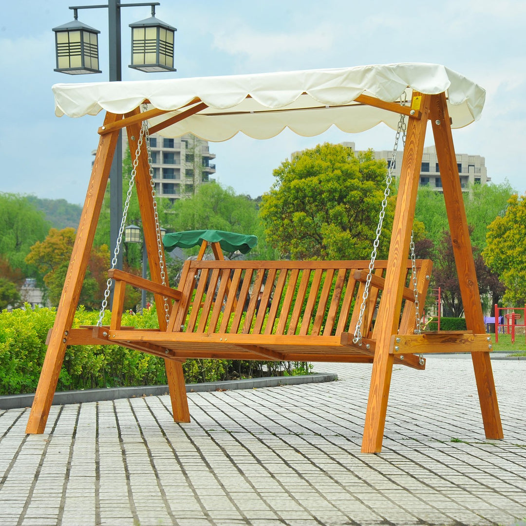 Outdoor 3-Seater Swing Lounger w/ Adjustable Canopy for Patio Backyard Garden Deck - Wood