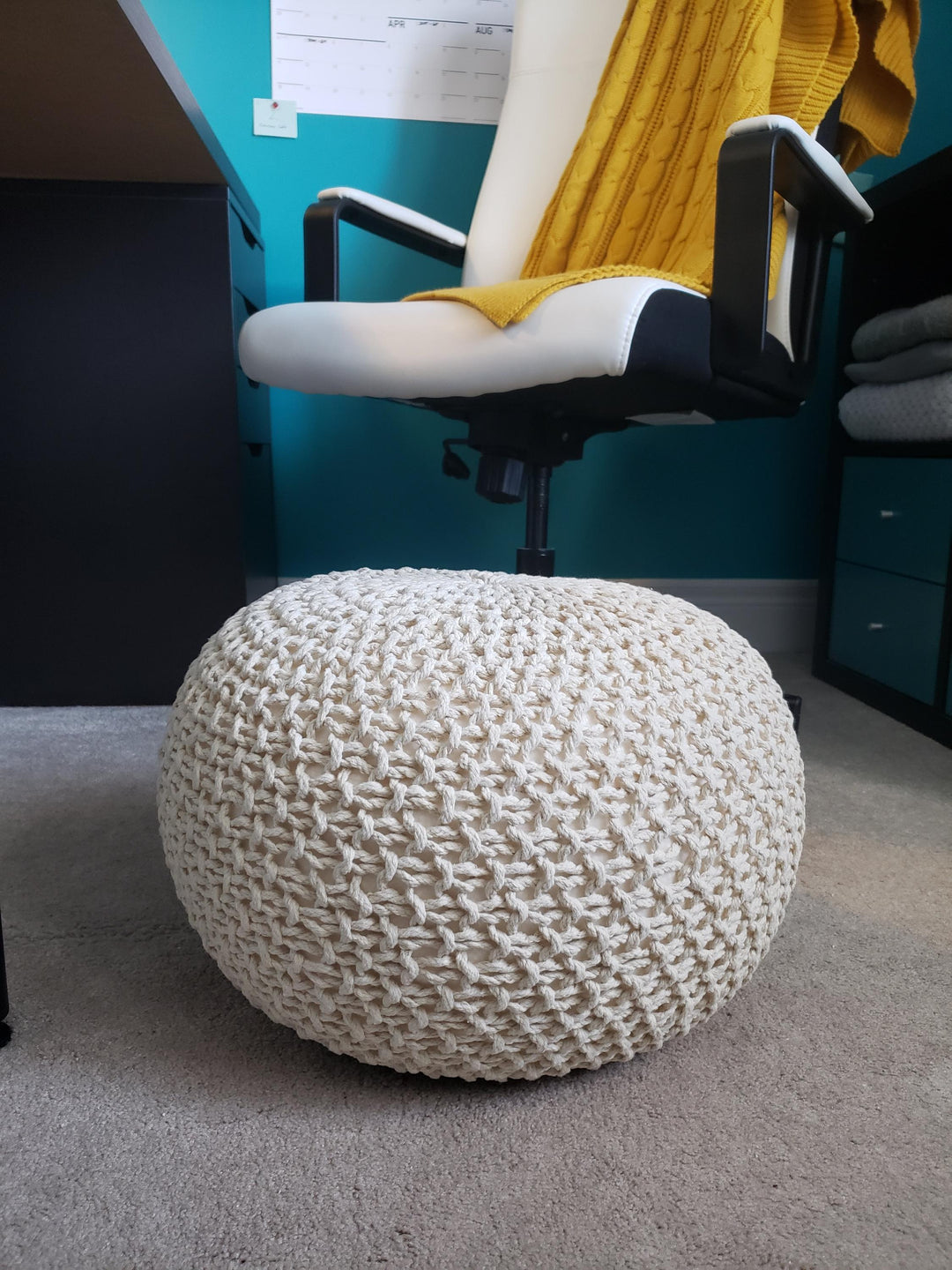 Minimalist Bohemian Neutral Knit Round Accent Ottoman Footstool Pouf Home Décor - Light Beige