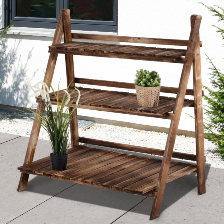 3 Tier 39”W Folding Wood Flower Herb Plant Stand Display Shelf Rack Garden Indoor Outdoor, Fir