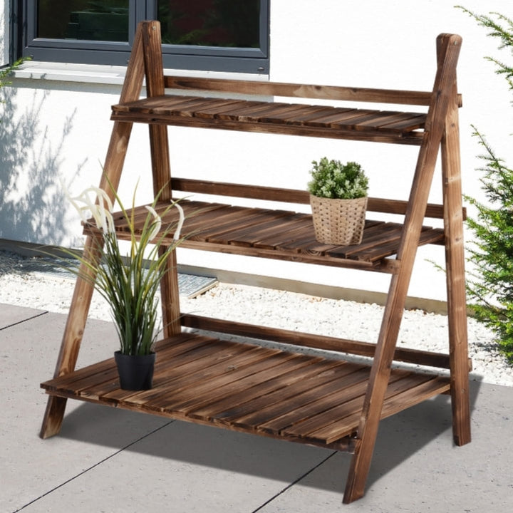 3 Tier 39”W Folding Wood Flower Herb Plant Stand Display Shelf Rack Garden Indoor Outdoor, Fir