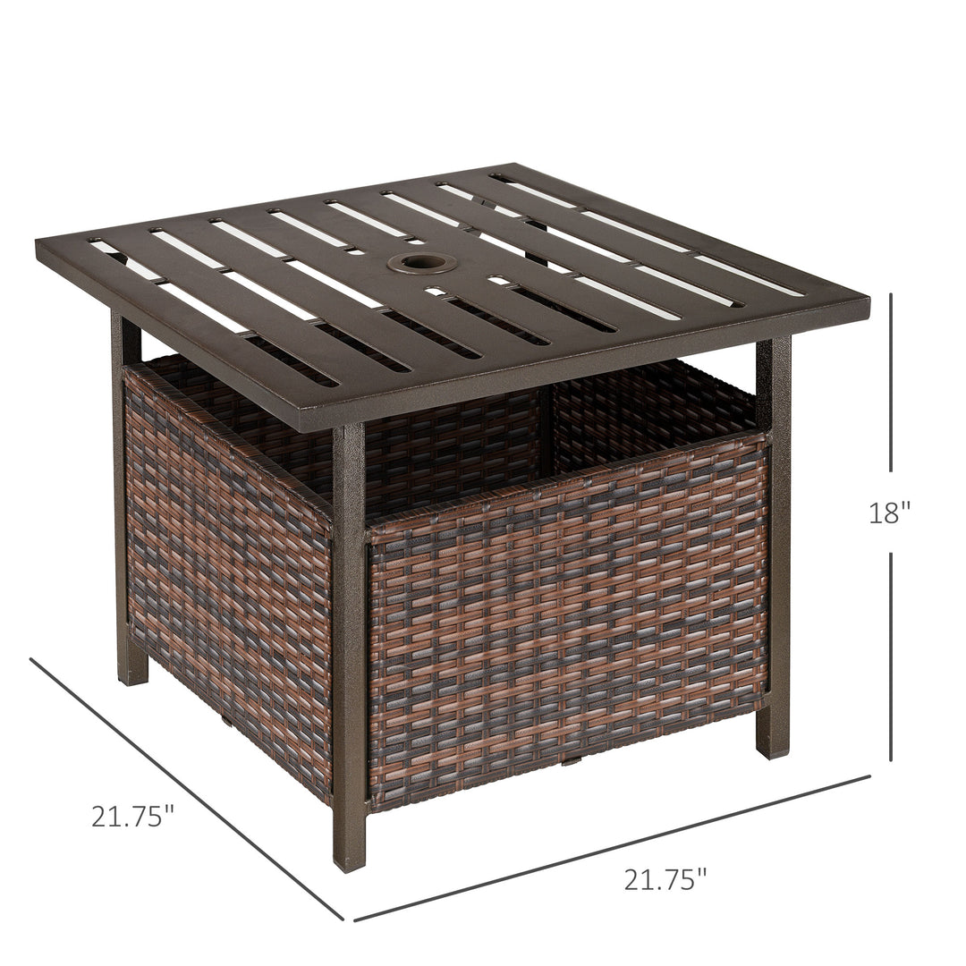 22" PE Rattan Wicker Side End Coffee Table w Metal Top, Umbrella Hole for Outdoor Patio - Brown