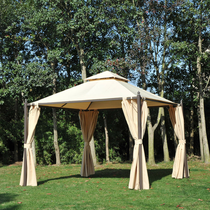 10' x 10' Steel Gazebo Canopy Outdoor Patio Tent Shelter w/ Tiered Roof, Curtains, Brown, Beige