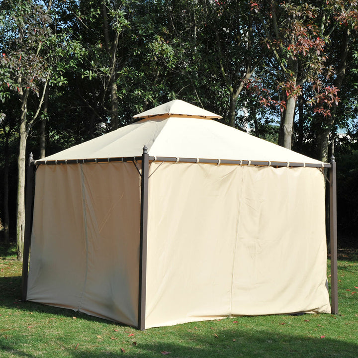 10' x 10' Steel Gazebo Canopy Outdoor Patio Tent Shelter w/ Tiered Roof, Curtains, Brown, Beige