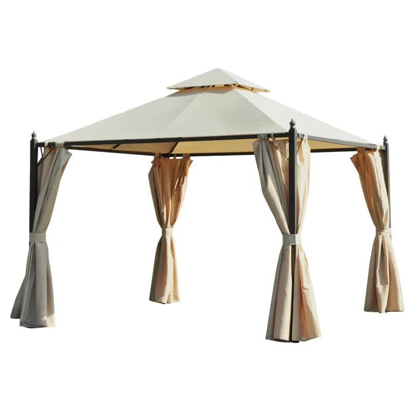 10' x 10' Steel Gazebo Canopy Outdoor Patio Tent Shelter w/ Tiered Roof, Curtains, Brown, Beige