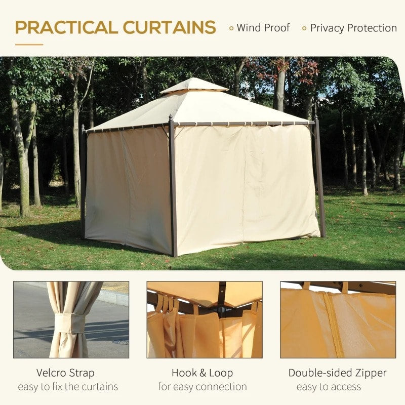 10' x 10' Steel Gazebo Canopy Outdoor Patio Tent Shelter w/ Tiered Roof, Curtains, Brown, Beige