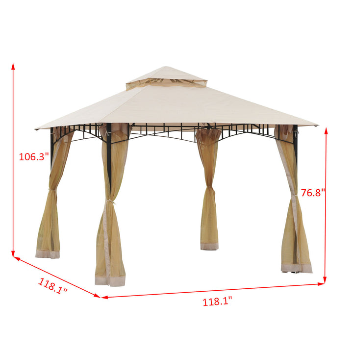 10' x 10' Steel Gazebo Canopy Outdoor Patio Tent Shelter w/ Tiered Roof, Mosquito Net, Beige