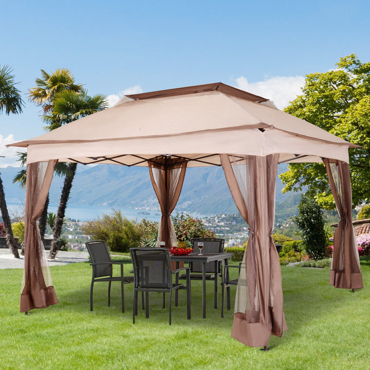 11' x 11' Portable Pop-Up Gazebo Canopy Party Tent Shelter w Mesh Net Walls, Bag, Khaki Brown
