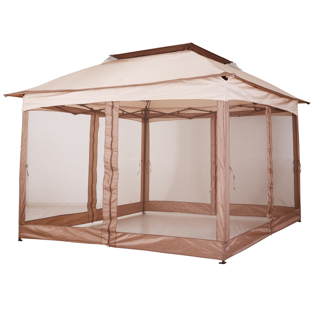 11' x 11' Portable Pop-Up Gazebo Canopy Party Tent Shelter w Mesh Net Walls, Bag, Khaki Brown