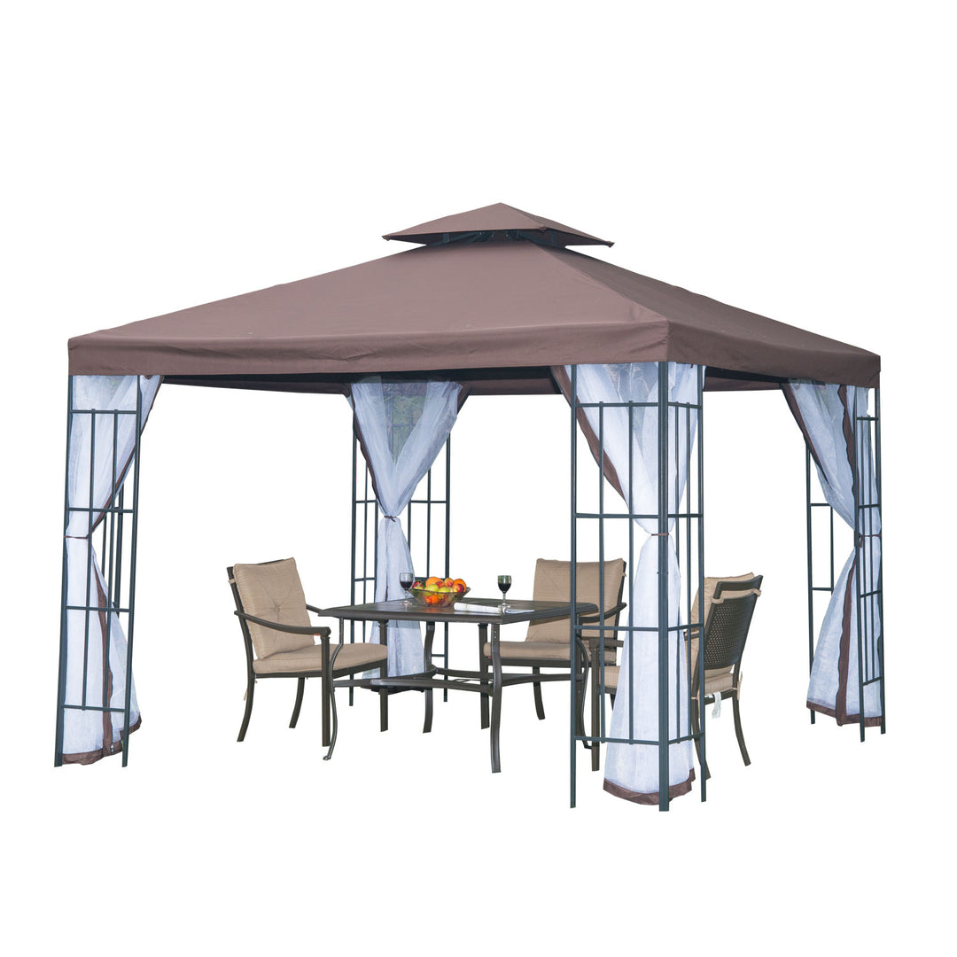 10' x 10' Steel Gazebo Canopy Garden Patio Tent Shelter w Tiered Fabric Roof, Mesh Walls, Brown