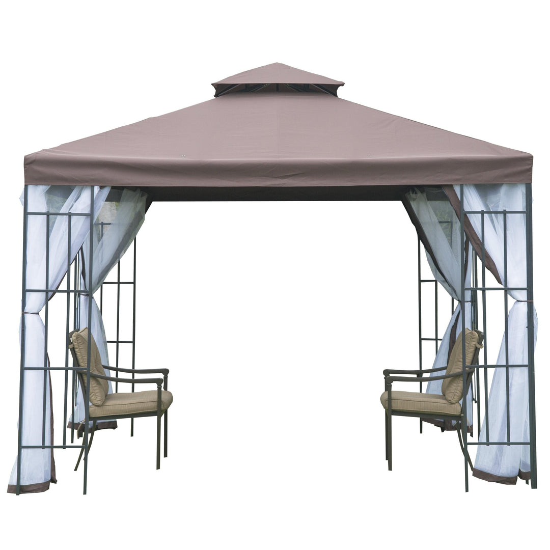 10' x 10' Steel Gazebo Canopy Garden Patio Tent Shelter w Tiered Fabric Roof, Mesh Walls, Brown