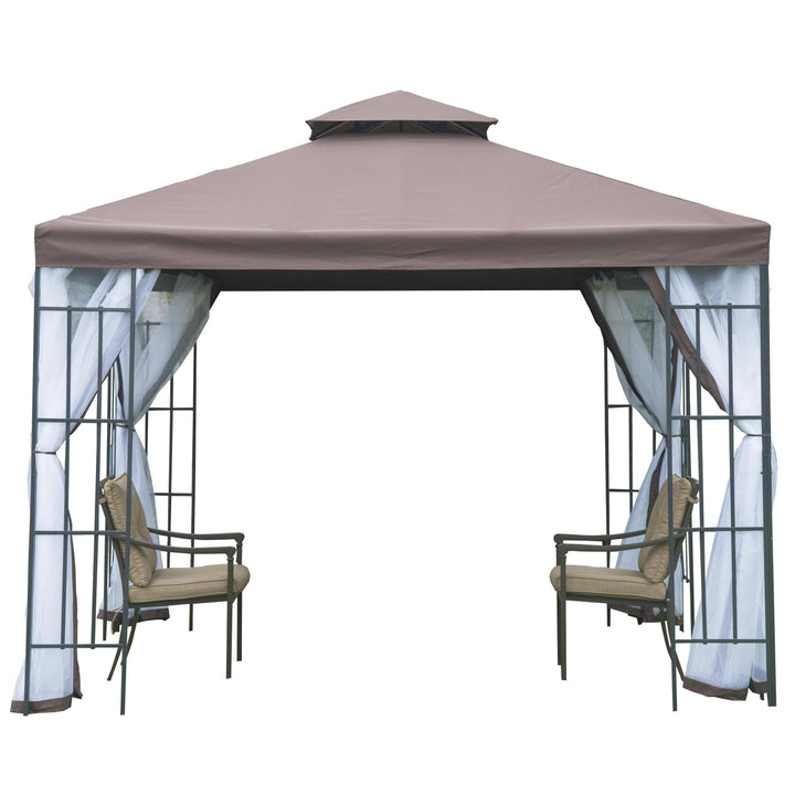 10' x 10' Steel Gazebo Canopy Garden Patio Tent Shelter w Tiered Fabric Roof, Mesh Walls, Brown